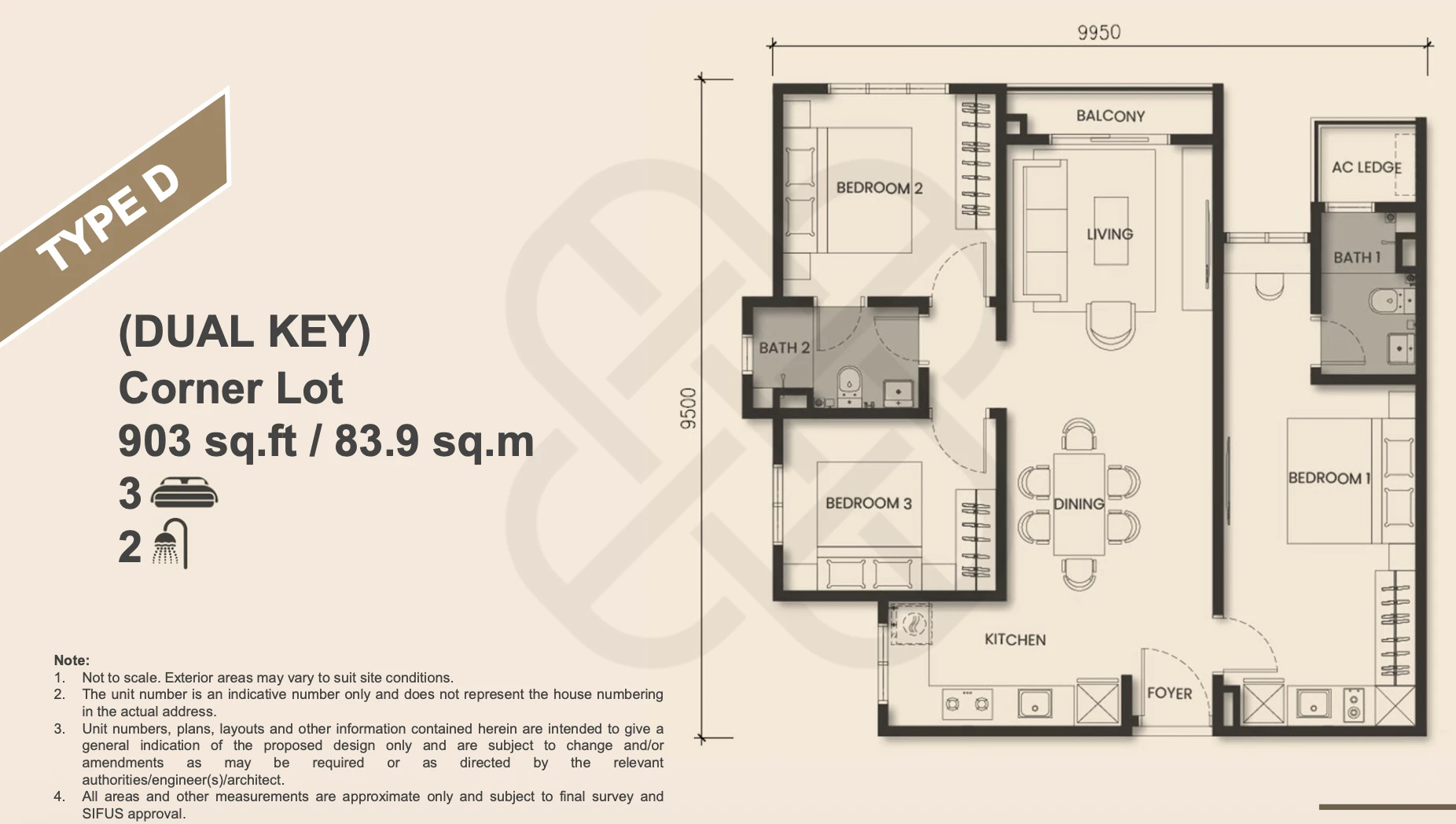 Monterra @ Solaris Tebrau Type D 3 bedrooms · dual key 903 sqft floor plan